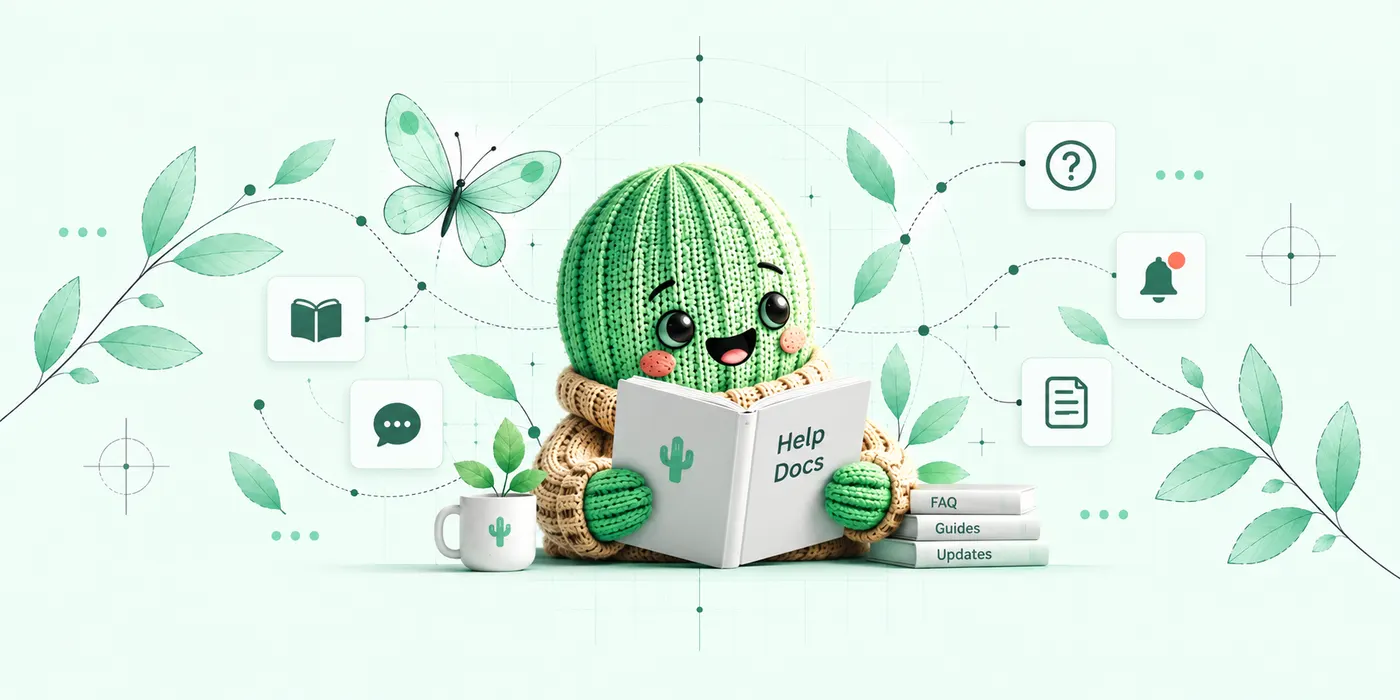 Illustration af dokumentation med spørgsmål, vejledninger og opdateringer